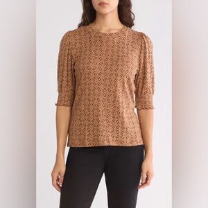 LUCKY BRAND Pointelle Pattern Short Sleeve- Brown (Size L)